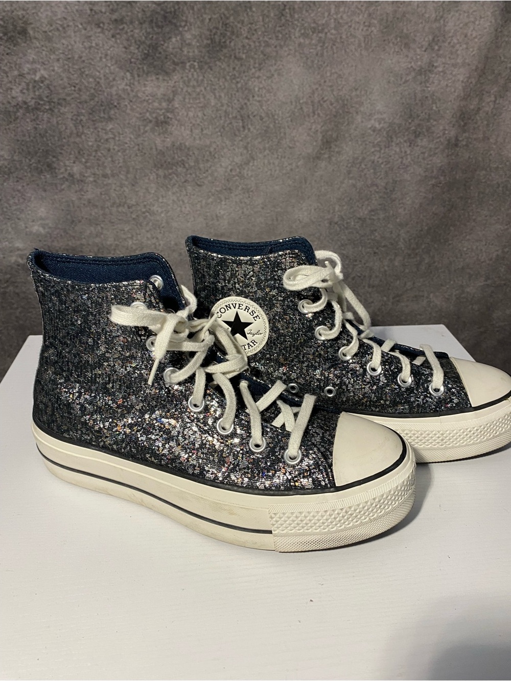 Converse Chuck Taylor All Star Platform High Top Sparkle Glitter Silver Blk 7.5